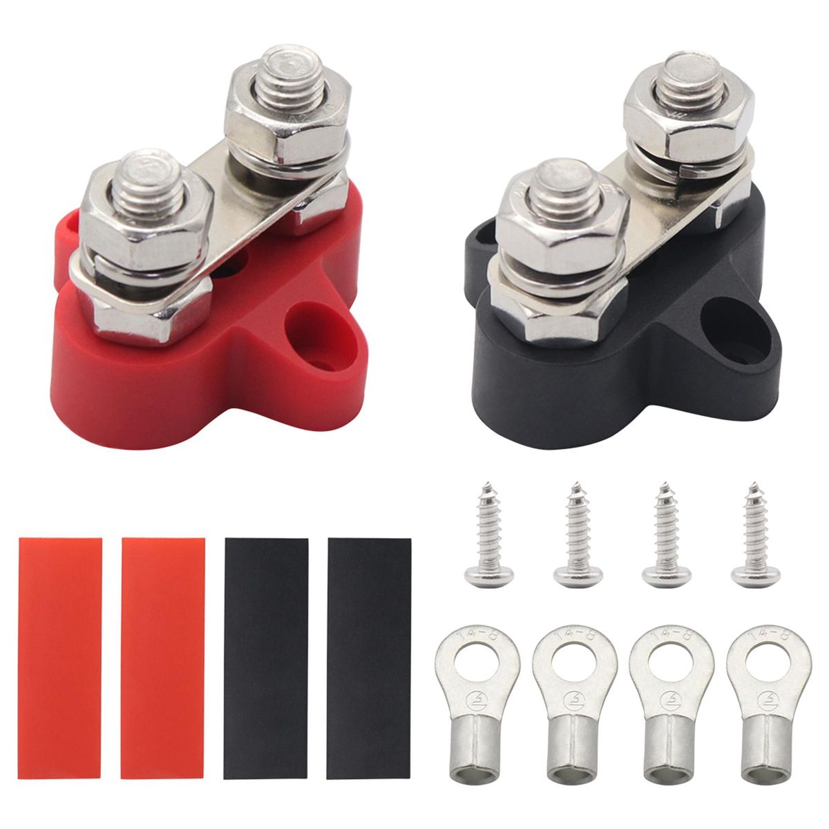Dual Heavy-Duty Terminal Studs Black+Red with Connecting Link M8 with Red Copper Terminal + Heat   Shrinkable Tube
