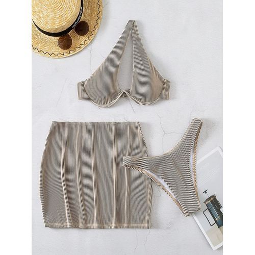 SheIn Women's 3 Pcs Textured One Shoulder Push Up Underwired