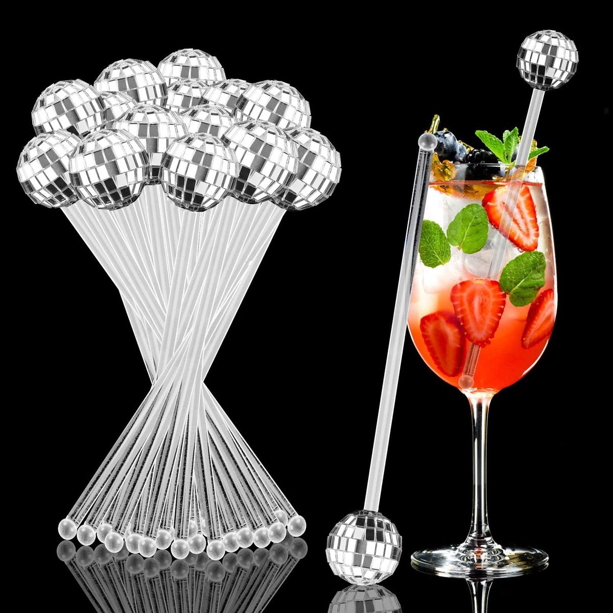 10Pcs Beverage Stirrer Wine Cocktail Juice Disco Ball Mixing Rod Silver