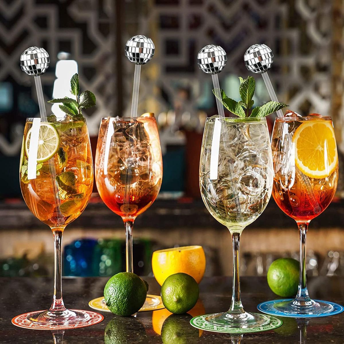 10Pcs Beverage Stirrer Wine Cocktail Juice Disco Ball Mixing Rod Silver