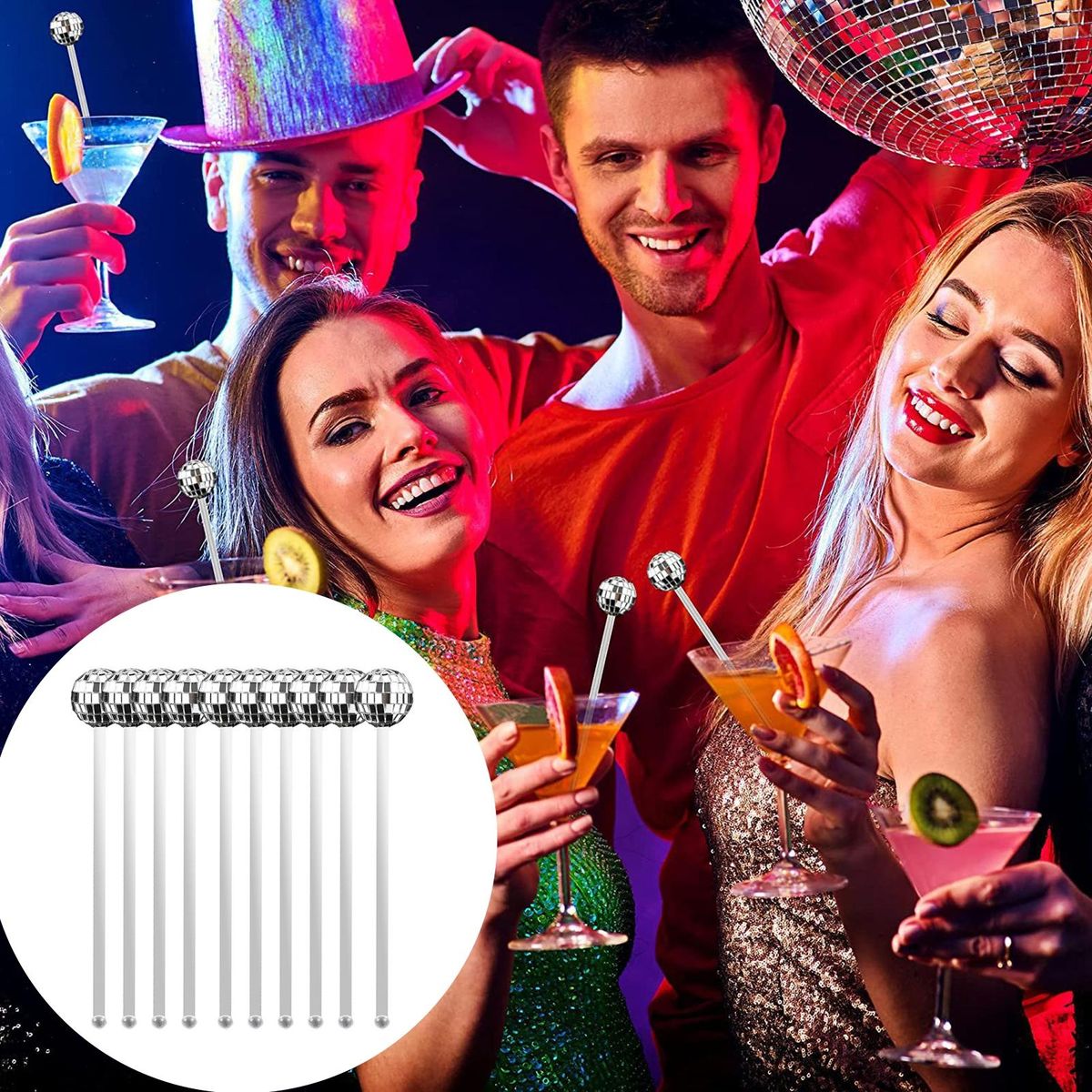 10Pcs Beverage Stirrer Wine Cocktail Juice Disco Ball Mixing Rod Silver