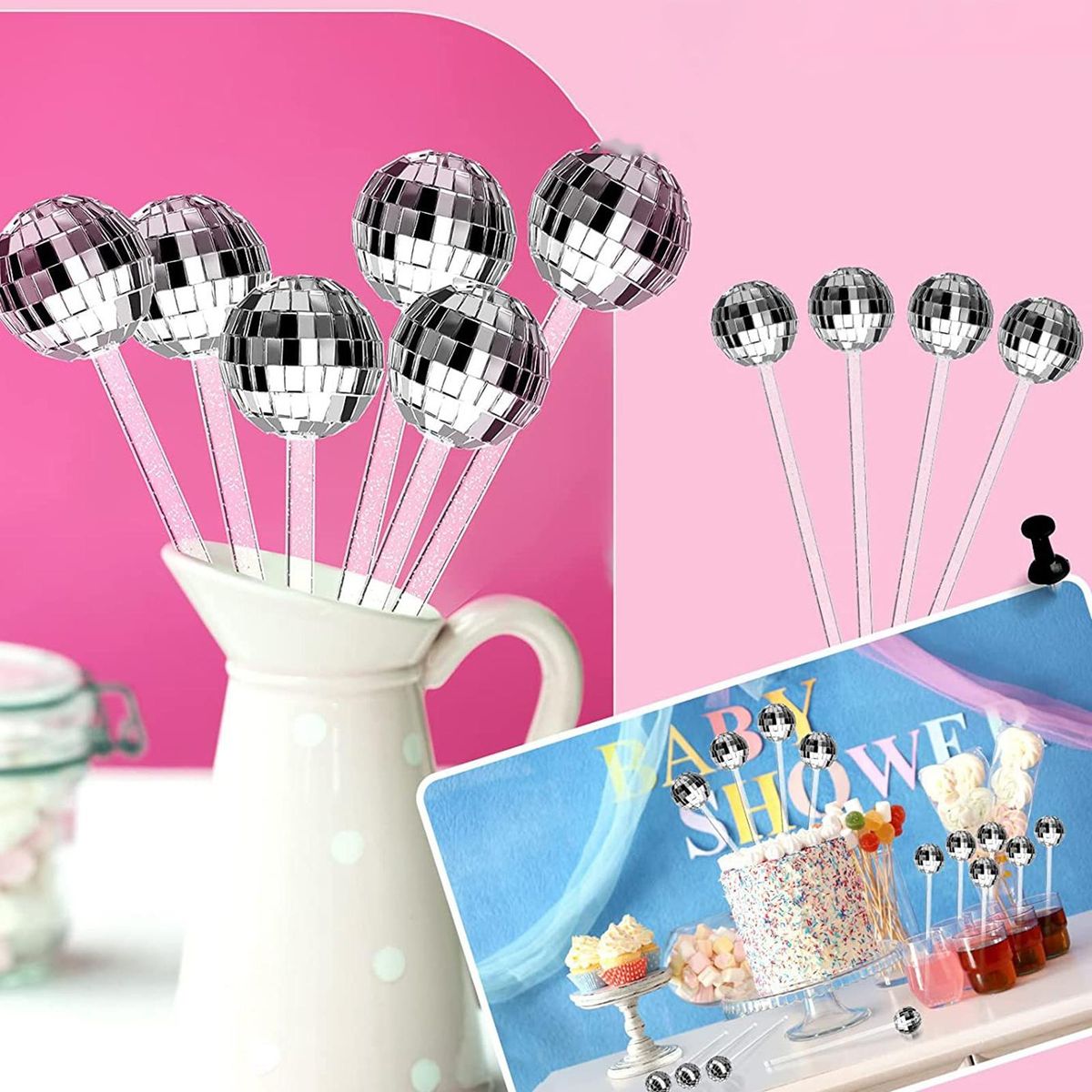 10Pcs Beverage Stirrer Wine Cocktail Juice Disco Ball Mixing Rod Silver