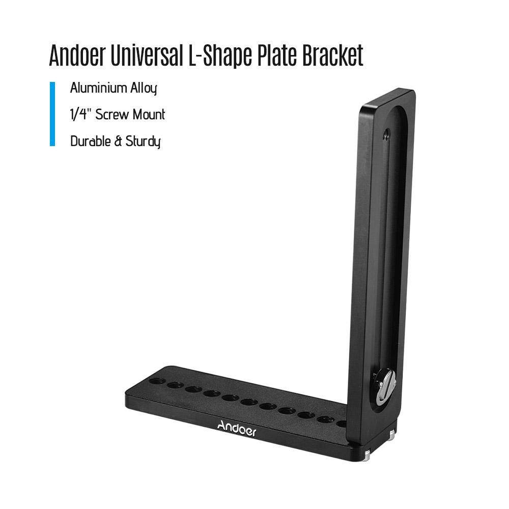 Andoer Aluminium Alloy Universal L-Shape Plate Bracket Camera Holder with 1/4 Inch Screw Mount Vertical Video Recording for Tripods Stabilizer Ballhead