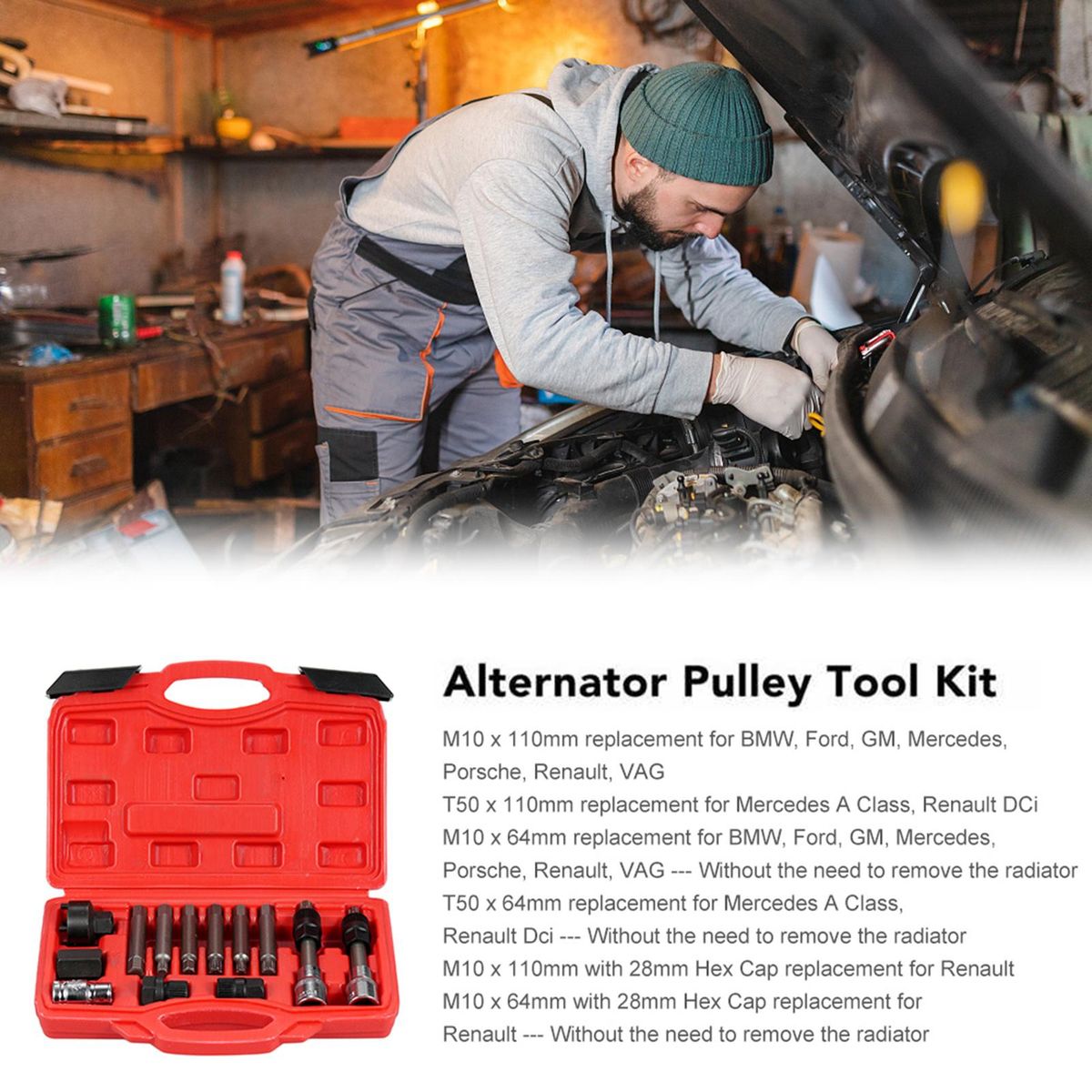 13 Pcs Alternator Pulley Tool Kit, Alternator Freewheel Pulley Puller Removal Engine Auto Tool Set Insert Bit Socket Set Tool Kit with Storage Case