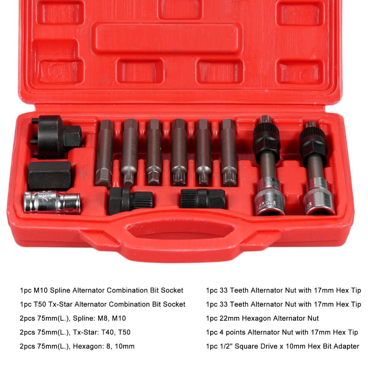 13 Pcs Alternator Pulley Tool Kit, Alternator Freewheel Pulley Puller Removal Engine Auto Tool Set Insert Bit Socket Set Tool Kit with Storage Case
