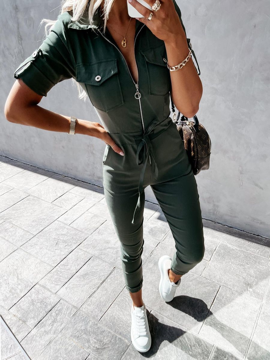 Women's EBay Summer Casual Polo Collar Zipper Belt Cargo Overalls Short Sleeve Women