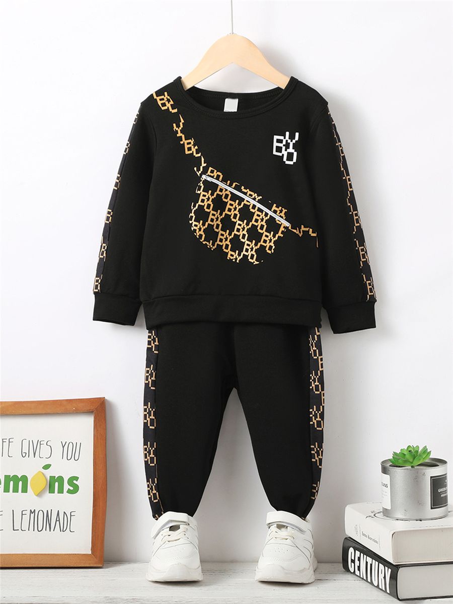 4-7 Years Kid Boy 2PCS Set/Bag Printed Black Long Sleeved +Solid Color Pants