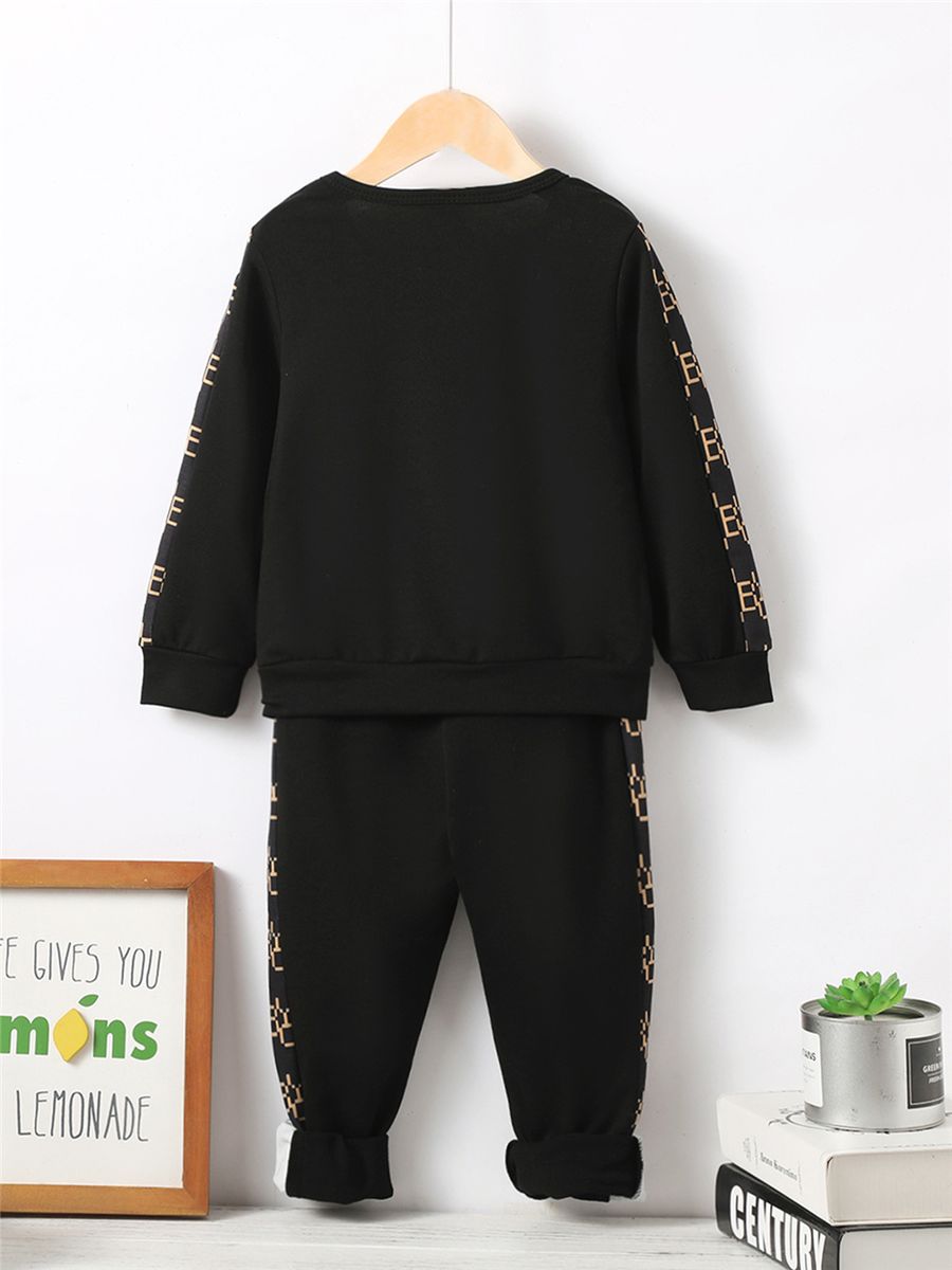 4-7 Years Kid Boy 2PCS Set/Bag Printed Black Long Sleeved +Solid Color Pants