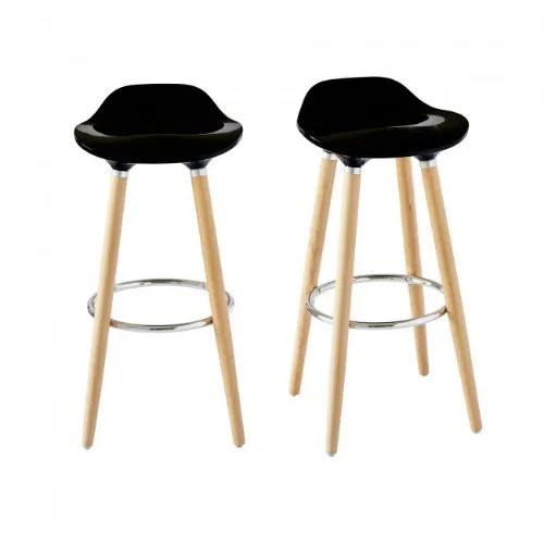 Modern Abs Plastic Bar Stools With Strong Wood Legs - Set Of 2 - Black