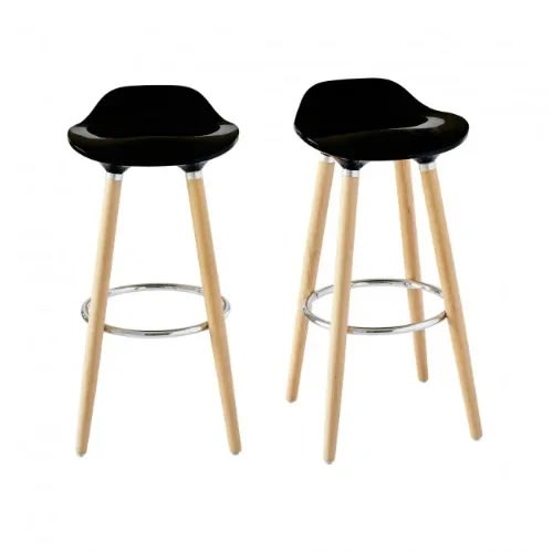 Modern Abs Plastic Bar Stools With Strong Wood Legs - Set Of 2 - Black
