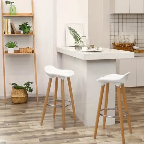 Modern Abs Plastic Bar Stools With Strong Wood Legs - Set Of 2- White
