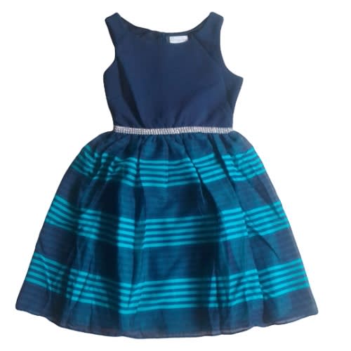 Sleeveless Knit To Striped Woven Occasion Dress with Rhinestone - Navy