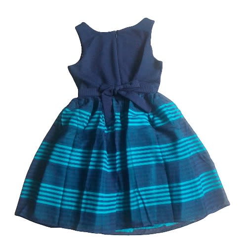 Sleeveless Knit To Striped Woven Occasion Dress with Rhinestone - Navy