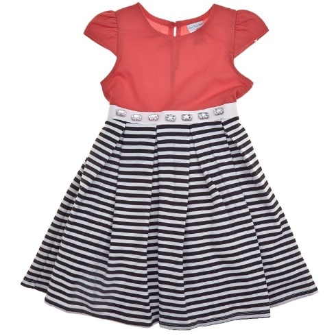 Girls Striped Colour Block Texture Knit Dress -coral Pink