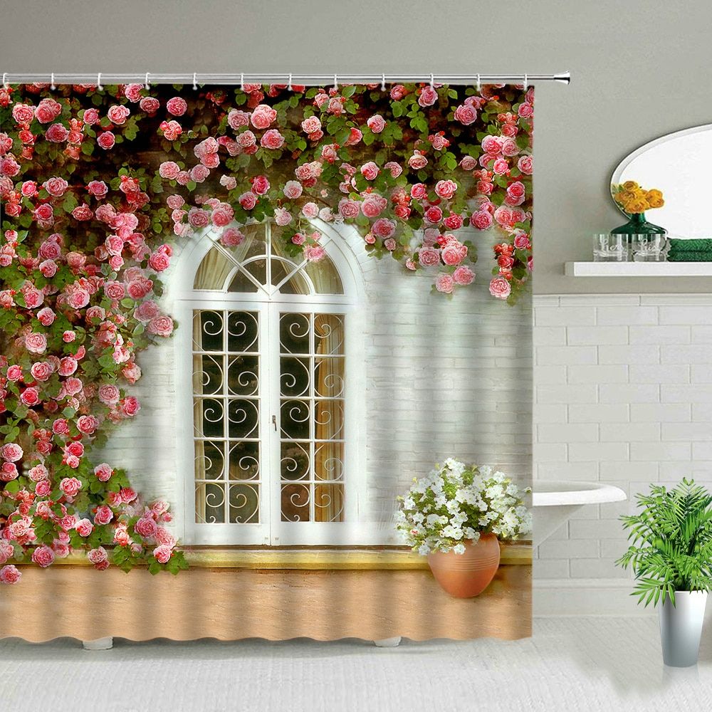 Flowers Spring Scenery Bathroom Set Shower Curtain Street Red Pink Flower Retro Design Garden Wall Decoration Hanging Curtains 3455G