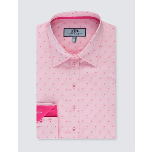 Women's Light Pink & Fuchsia Dobby Spots Semi Fitted Shirt