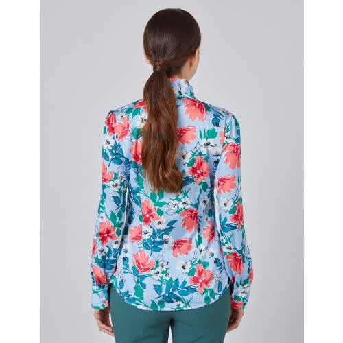 Women's Floral Fitted Satin Blouse - Single Cuff - Pussy Bow -  Blue & Pink