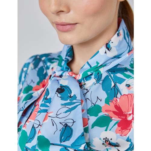 Women's Floral Fitted Satin Blouse - Single Cuff - Pussy Bow -  Blue & Pink
