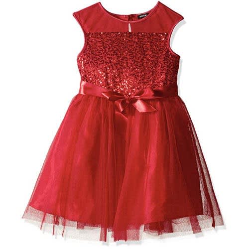 Illusion Sequin Dress With Ribbon - Red