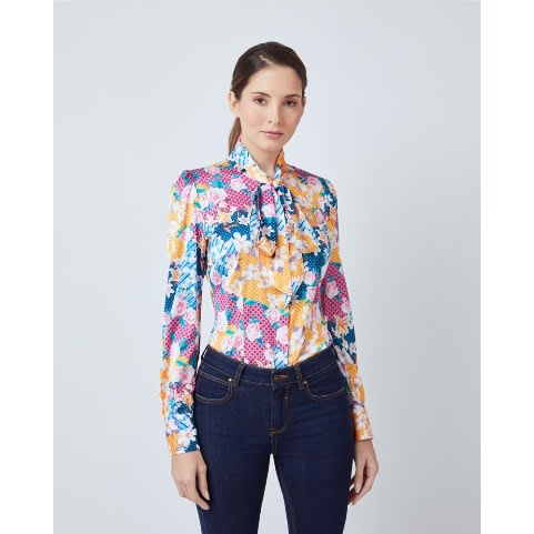 Women's Orange & Pink Floral Print Satin Blouse - Single Cuff - Pussy Bow