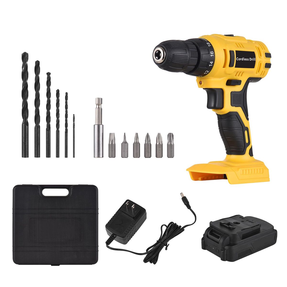 20V Portable Cordless Electric Drill 3/8 Inch Chuck Handheld Power Drill Screwdriver with 1300mAh Battery Fast Charger 6 Drill Bits 6 Screwdriver Bits, LED Work Light 2-variable Speed 18+1 Torque Adjustment 28N.m
