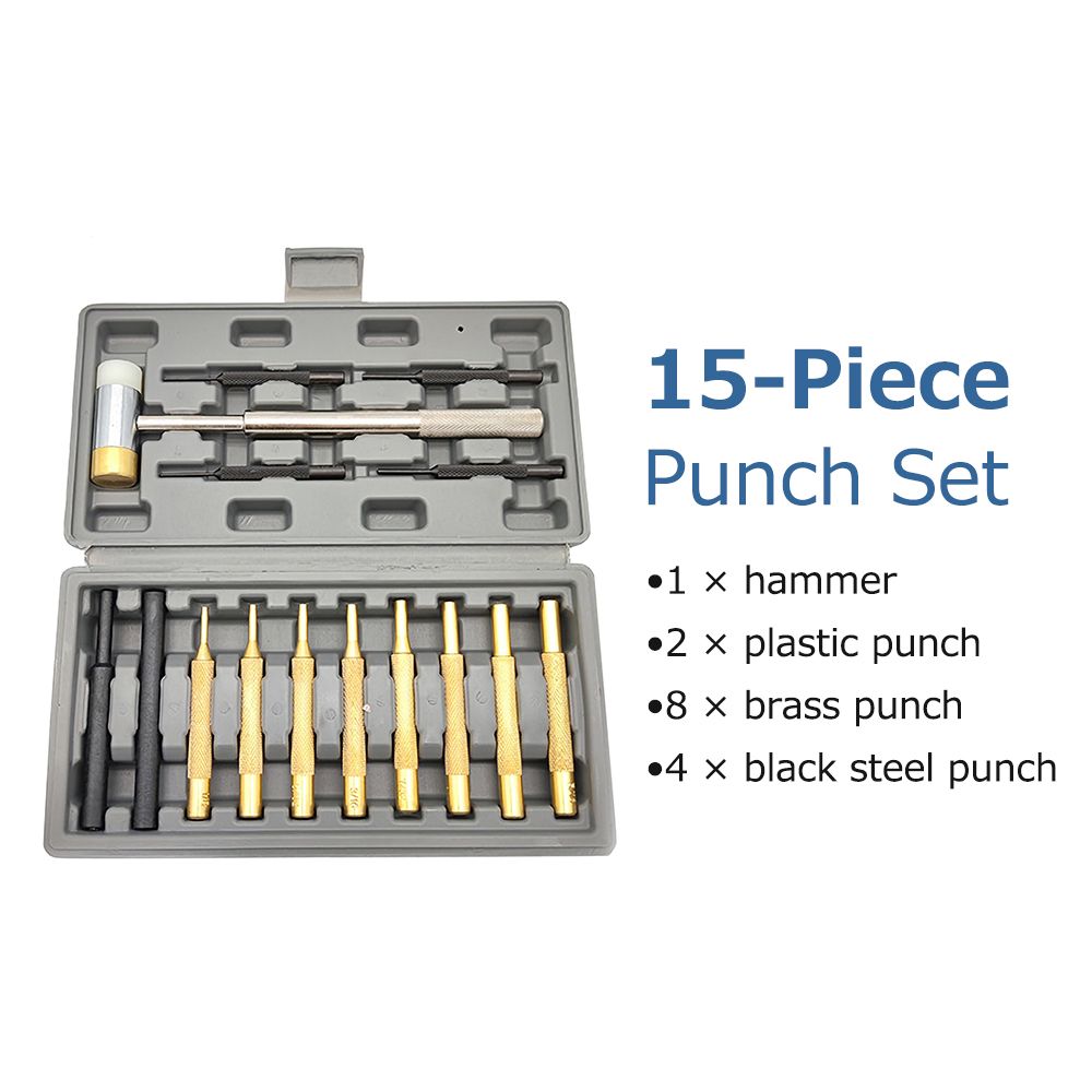 15 Pieces Punch Set Solid Hammer Steel, Brass, Plastics