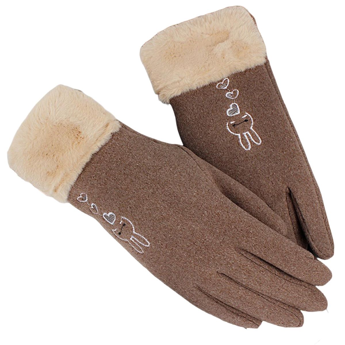 1 Pair Cycling Cute Fleece Lining Full Finger Warm Mittens Khaki