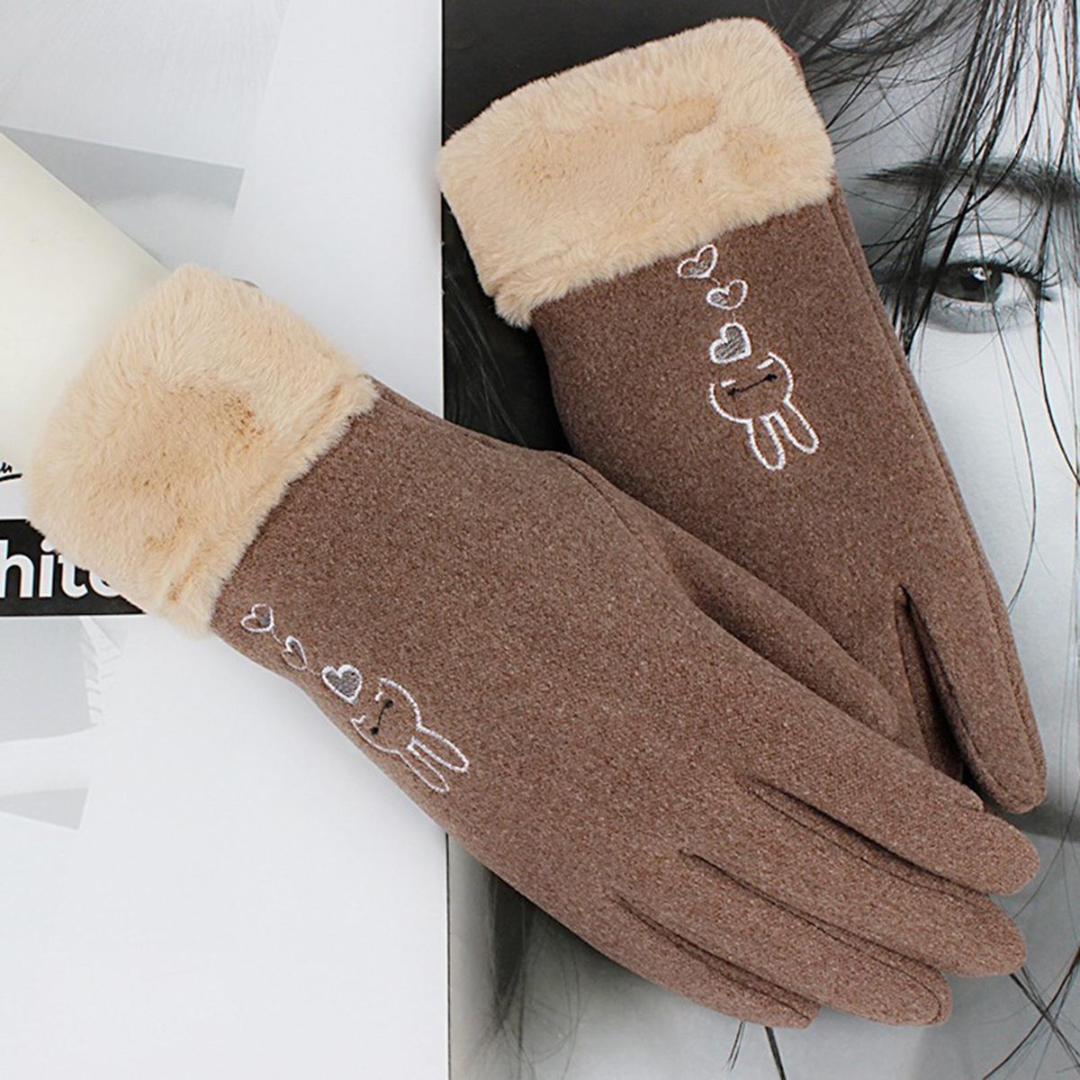 1 Pair Cycling Cute Fleece Lining Full Finger Warm Mittens Khaki