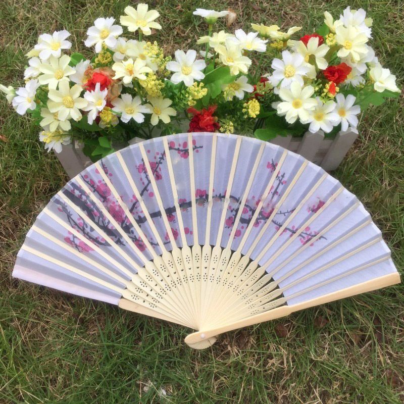 Hand Bag Fan Silk White Organza With Folding 20pcs/lot Fan Plum Gift Design Bamboo Elegant Flower Wedding
