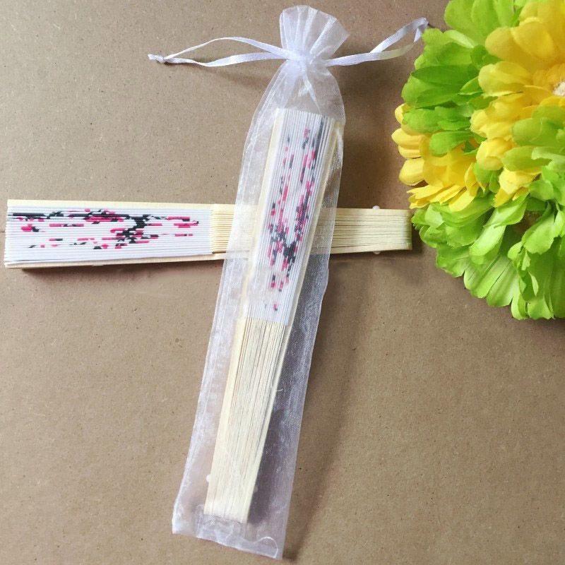 Hand Bag Fan Silk White Organza With Folding 20pcs/lot Fan Plum Gift Design Bamboo Elegant Flower Wedding