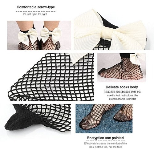 Women Black Breathable Fishnet Socks With Black Bow Tie