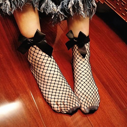 Women Black Breathable Fishnet Socks With Black Bow Tie
