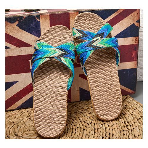 Women Summer Linen Woven Slippers Ultralight Sandal EVA Soft Sole - Blue/Green