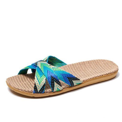 Women Summer Linen Woven Slippers Ultralight Sandal EVA Soft Sole - Blue/Green