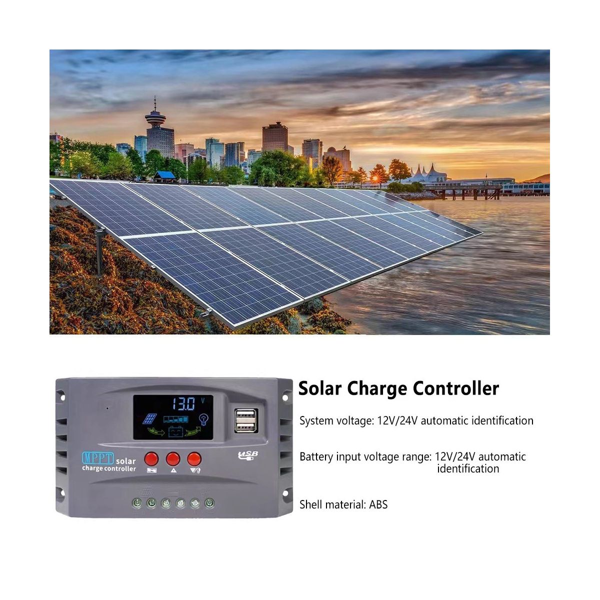 12V 24V MPPT Solar Charging Controller Smart Display Dual USB Voltage Stabilizing Controller Protection10A