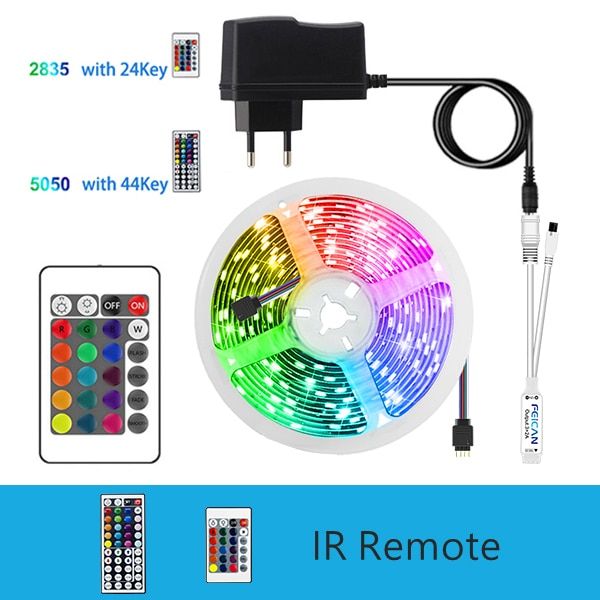 LED Strip Wifi / BLE/ IR Control Music Sync 12V RGB Lights Waterproof 5M 10M 15M 20M Works With Alexa(Optional) Glowing Tape-IR Remote-2835-15M Full Set-