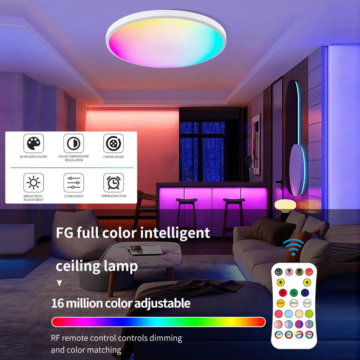 RGBCW Ceiling Lamp Full Color Dimming Intelligent RF Remote Control Bedroom Round Ceiling Lamp