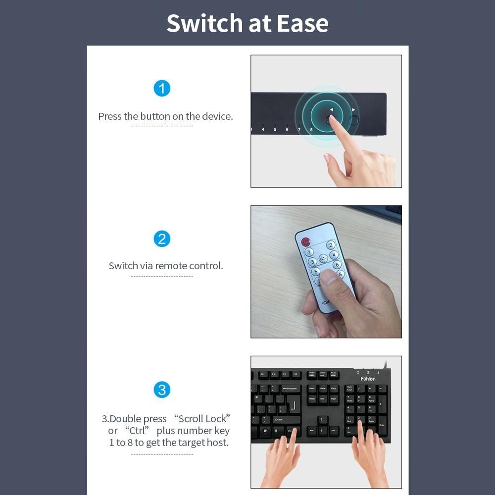 AIMOS 8 in 1 Out HDMI KVM Switch Sharing Monitor/Keyboard/Mouse/Printer among 8 Hosts/ 4K@30Hz/Audio&Video Sync Output Black