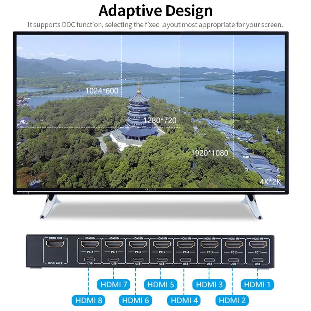 AIMOS 8 in 1 Out HDMI KVM Switch Sharing Monitor/Keyboard/Mouse/Printer among 8 Hosts/ 4K@30Hz/Audio&Video Sync Output Black