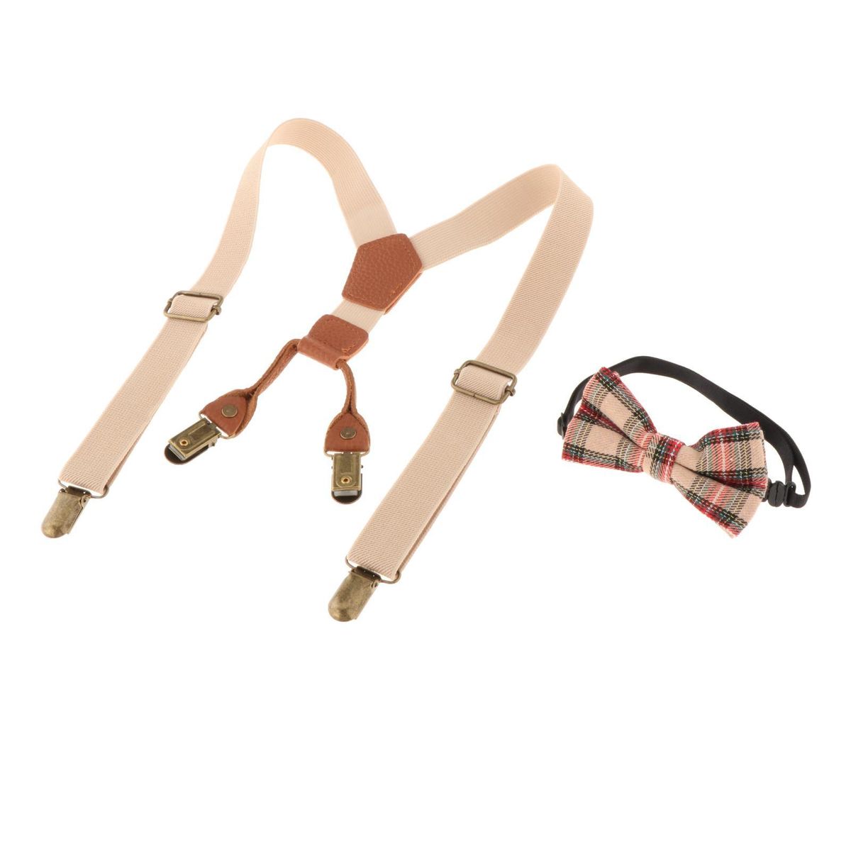 Kids Suspenders And Matching Bow Tie Set Y Shaped 4 Clips Beige