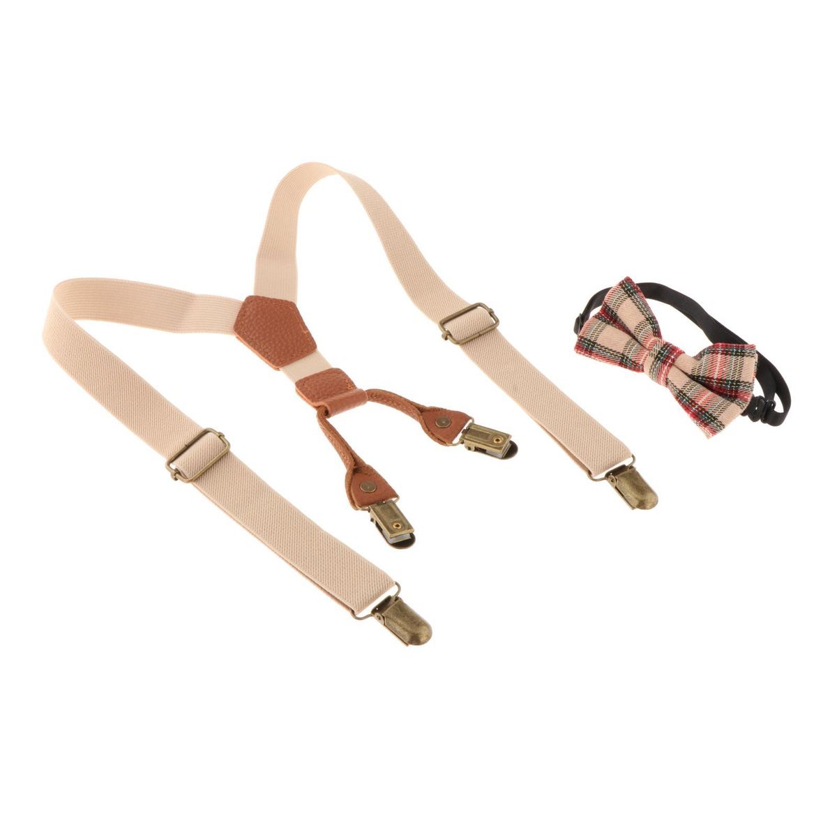 Kids Suspenders And Matching Bow Tie Set Y Shaped 4 Clips Beige