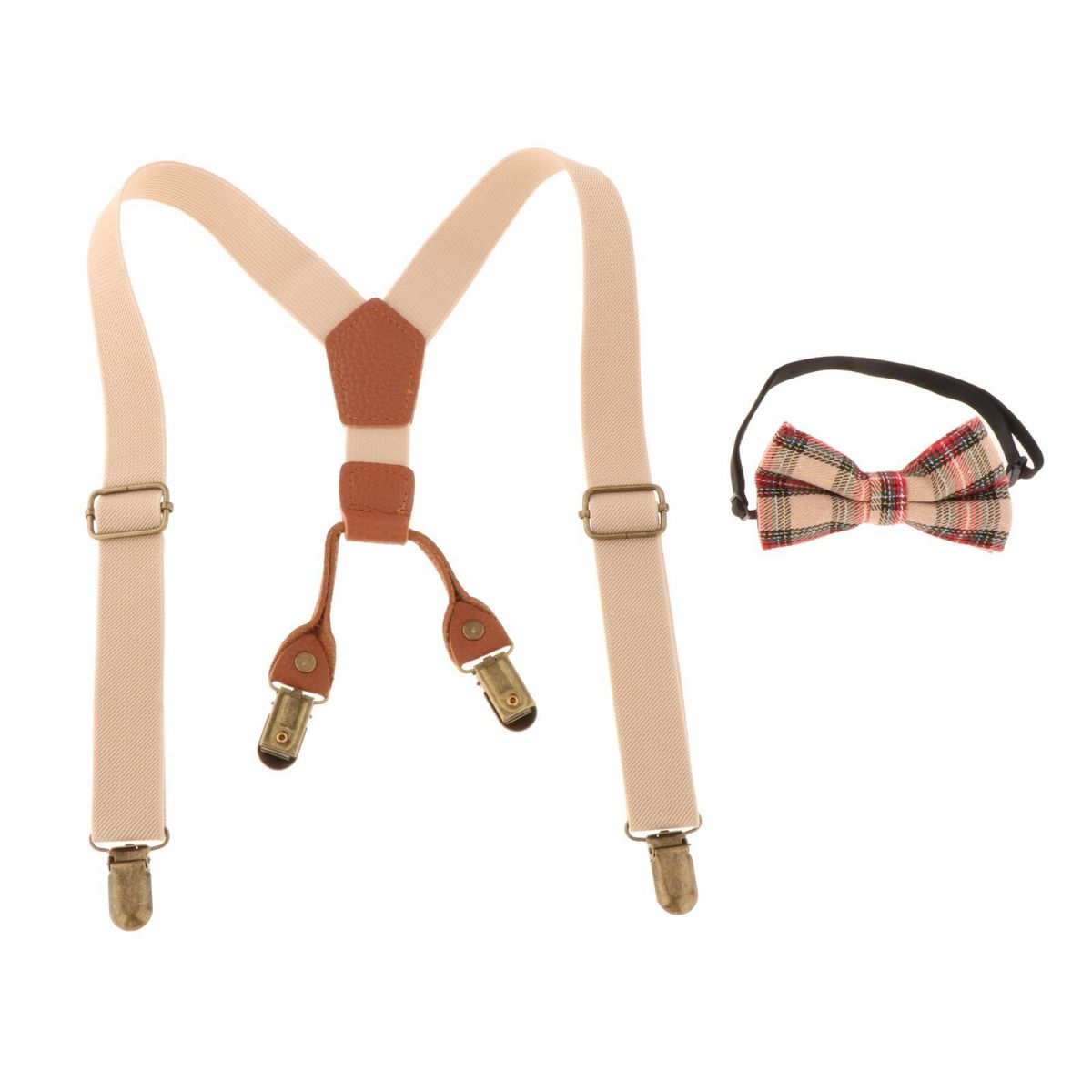 Kids Suspenders And Matching Bow Tie Set Y Shaped 4 Clips Beige