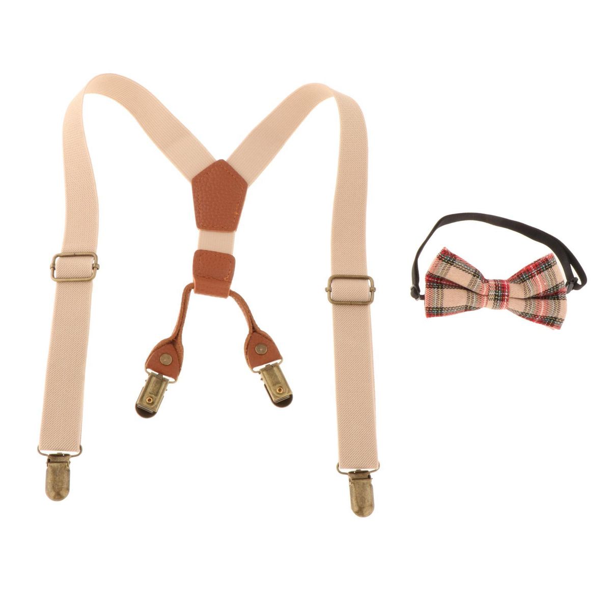 Kids Suspenders And Matching Bow Tie Set Y Shaped 4 Clips Beige