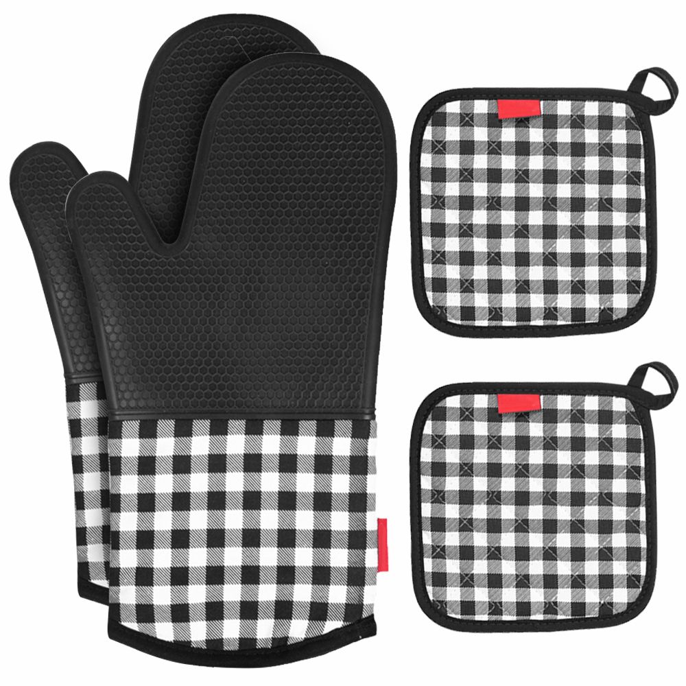 Silicone Gloves Non-Slip Oven Mitts 2 Cotton Pot Holders
