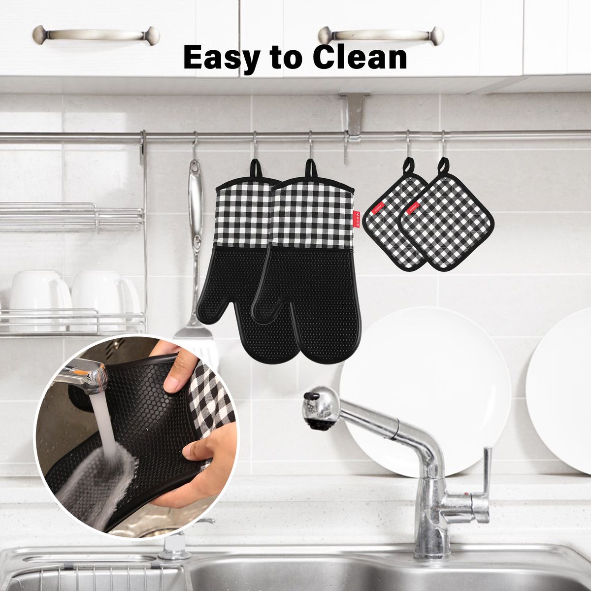 Silicone Gloves Non-Slip Oven Mitts 2 Cotton Pot Holders