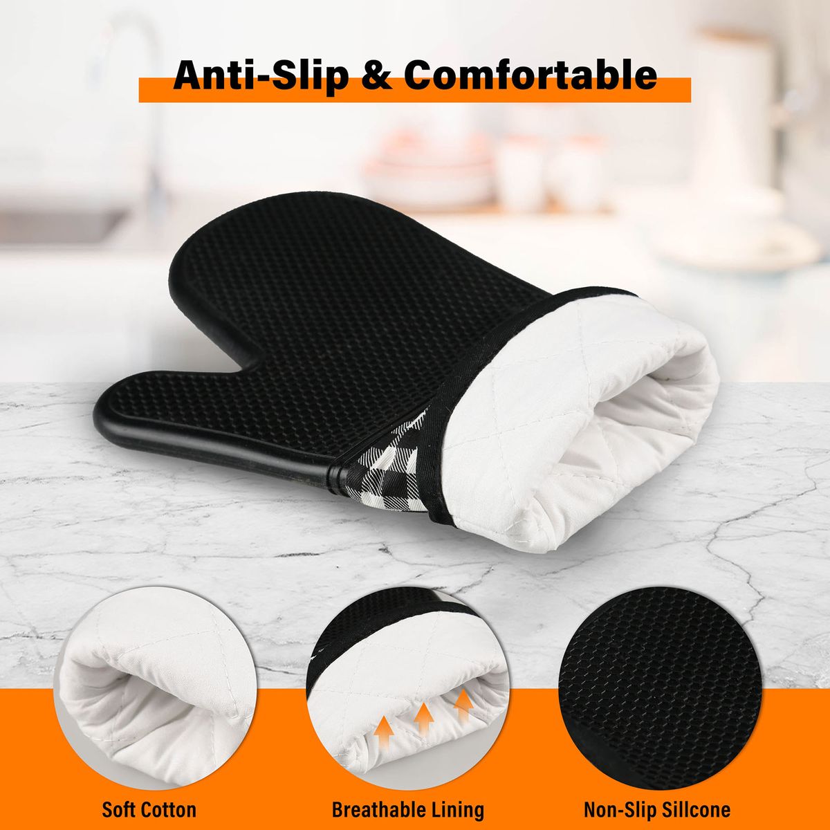 Silicone Gloves Non-Slip Oven Mitts 2 Cotton Pot Holders
