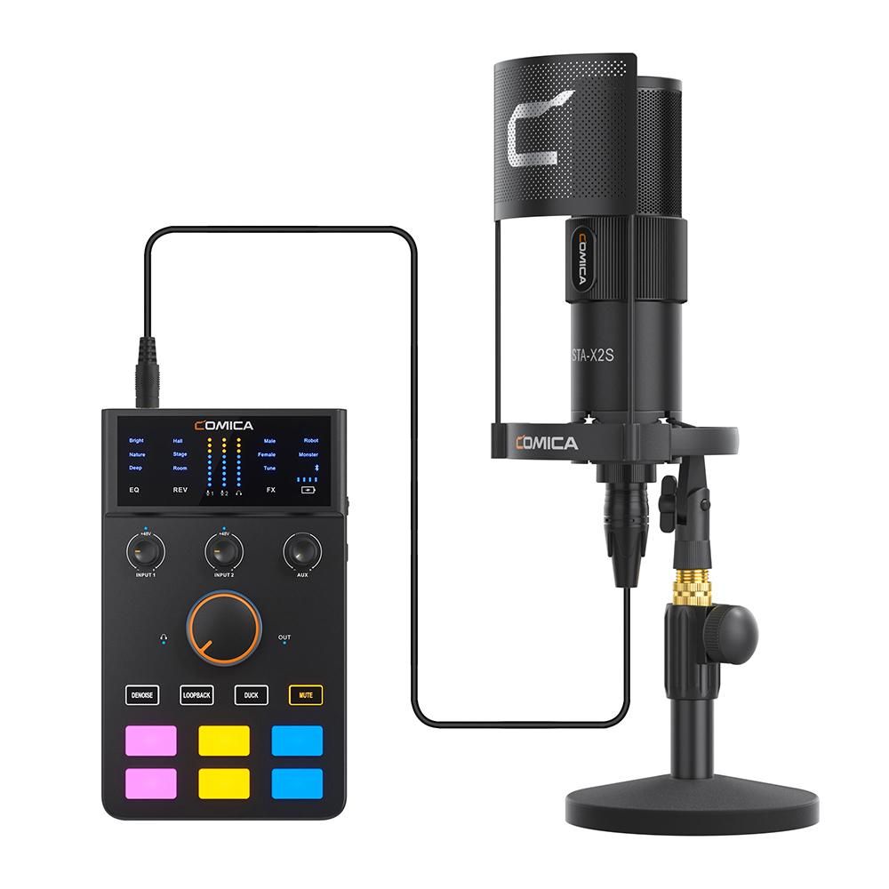 COMICA AD Caster C1-K1 Audio Mixer USB Audio Interface Sound Card with 3.5mm Ports Dual XLR Input Support Real-time Monitoring BT Connection with Microphone Shock Mount Pop Filter And Desk Stand for Podcasting Streaming Gamin
