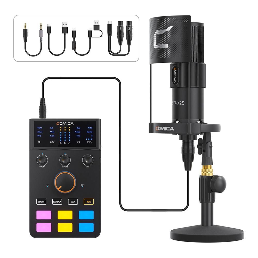 COMICA AD Caster C1-K1 Audio Mixer USB Audio Interface Sound Card with 3.5mm Ports Dual XLR Input Support Real-time Monitoring BT Connection with Microphone Shock Mount Pop Filter And Desk Stand for Podcasting Streaming Gamin
