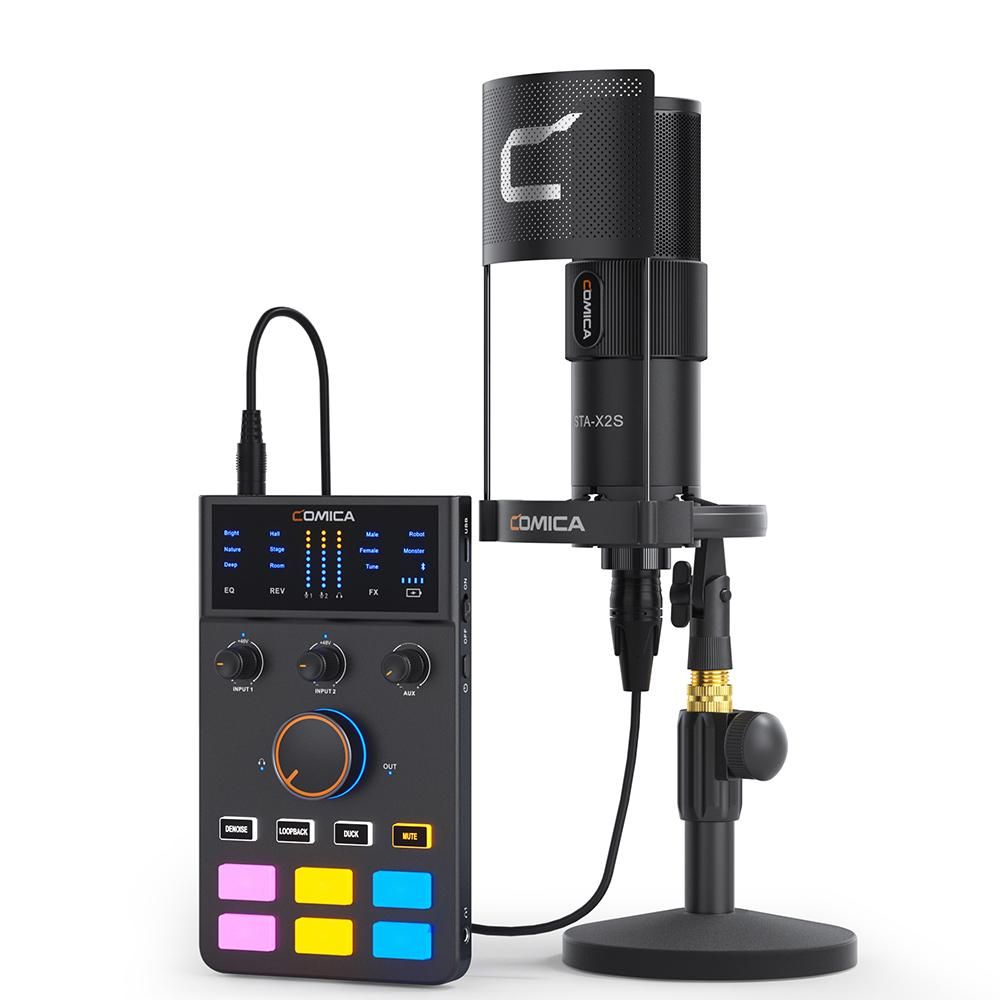 COMICA AD Caster C1-K1 Audio Mixer USB Audio Interface Sound Card with 3.5mm Ports Dual XLR Input Support Real-time Monitoring BT Connection with Microphone Shock Mount Pop Filter And Desk Stand for Podcasting Streaming Gamin