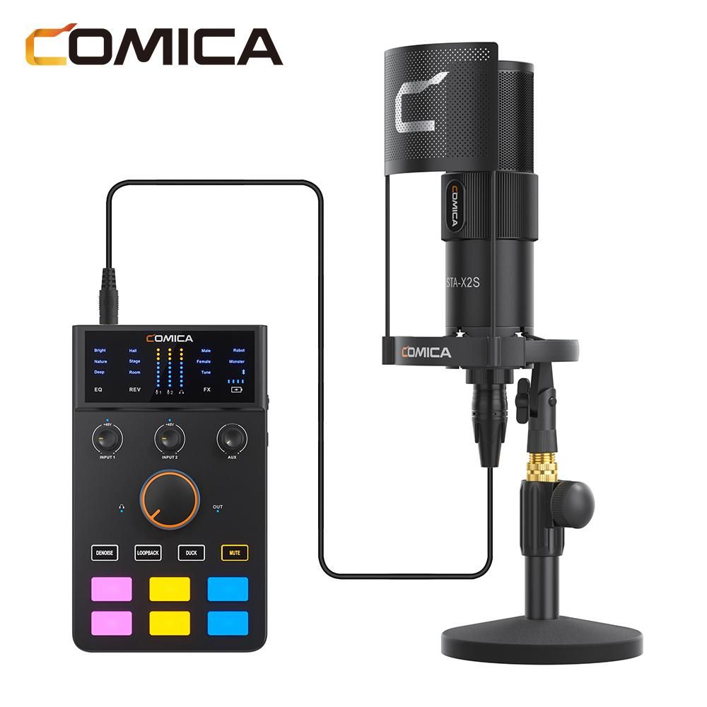 COMICA AD Caster C1-K1 Audio Mixer USB Audio Interface Sound Card with 3.5mm Ports Dual XLR Input Support Real-time Monitoring BT Connection with Microphone Shock Mount Pop Filter And Desk Stand for Podcasting Streaming Gamin